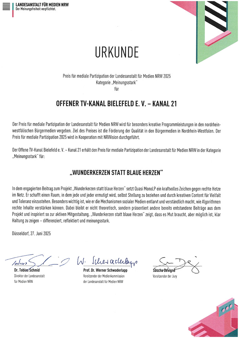 Urkunde zur Auszeichnung der Landesanstalt für Medien NRW für das Projekt "Wunderkerzen statt blaue Herzen" von Kanal 21