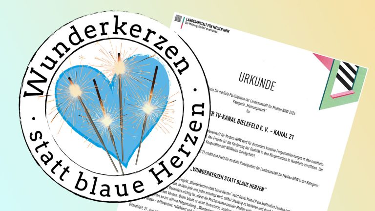 Bild mit Sendungslogo von Wunderkerzen statt blaue Herzen und Urkunde zur Auszeichnung des Formates von der LFM NRW für Kanal 21