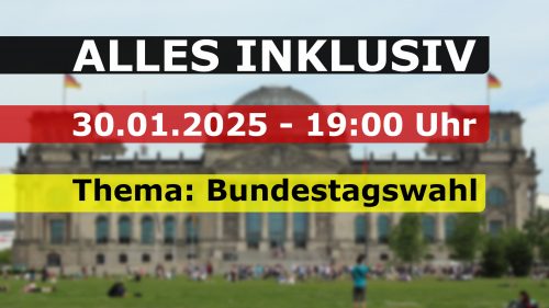 Grafik zur Ankündung einer Livesendung von ALLES INKLUSIV am 30. Januar ab 19 Uhr