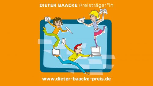 Ein Bild mit der Aufschrift "Dieter Baacke Preisträger*in und einem Link zur Website www.dieter-baacke-preis.de