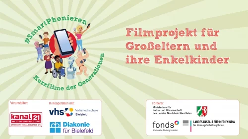 Grafik für ein Intergenerationenprojekt mit dem Titel: SmartPhonieren. In diesem Projekt können in den Sommerferien, Großeltern mit ihren Enkelkindern Videos zum Thema Smartphone machen.